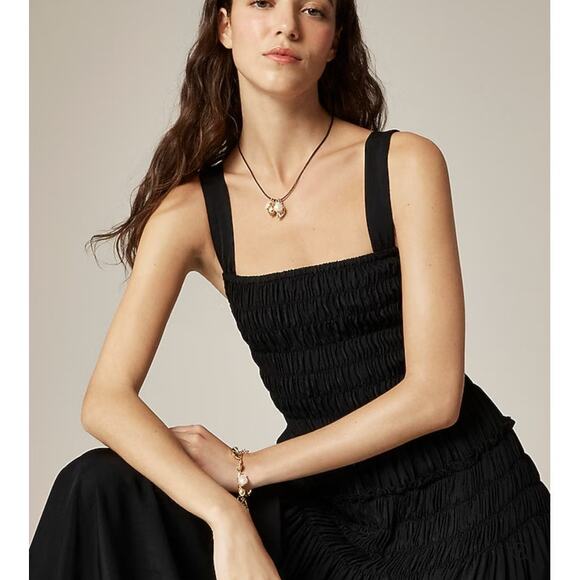 J CREW Smocked Drop Waist Silky Midi Dress Black XXS NWT Clean Girl Chic Vaca - Picture 2 of 10